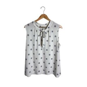 Talbots Woman Sleeveless Top Bow Tie Neck White Blue Polka Dots Size 1X Office